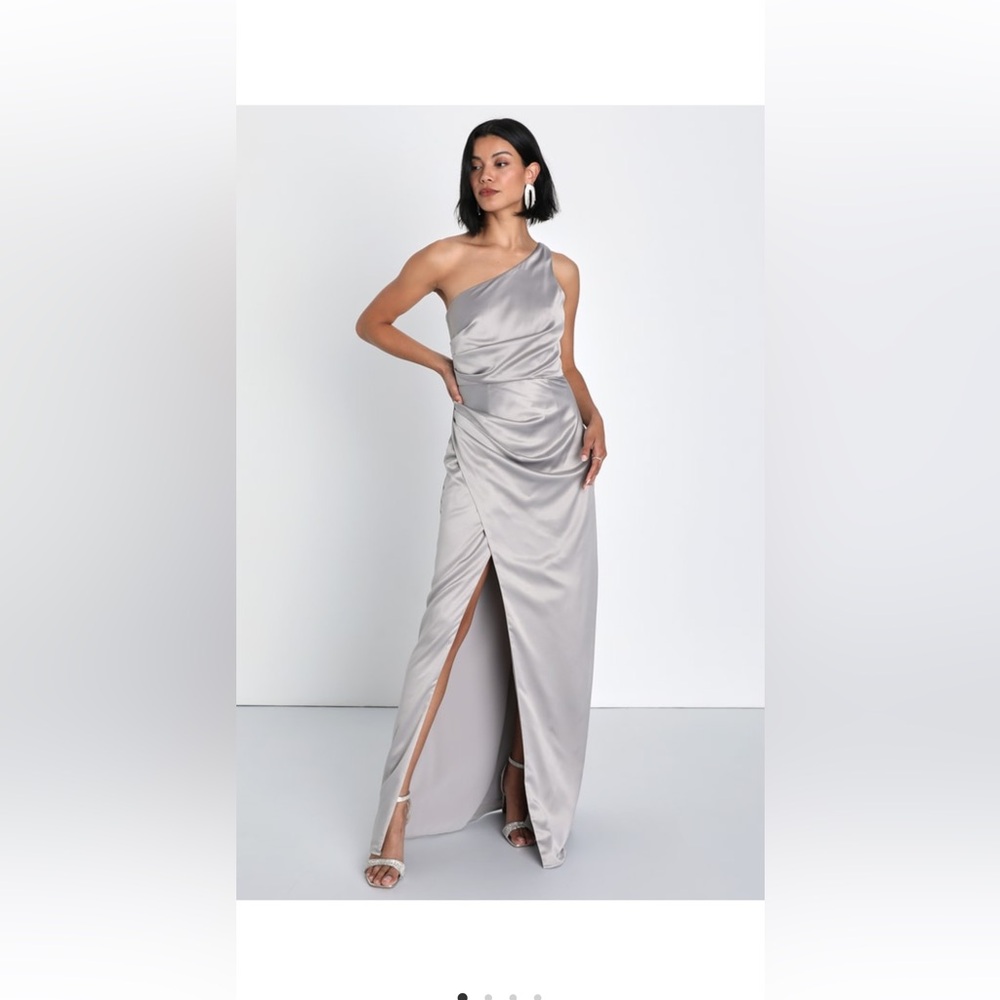 Lulus Dreaming of Elegance Grey Satin One-Shoulder Maxi Dress!